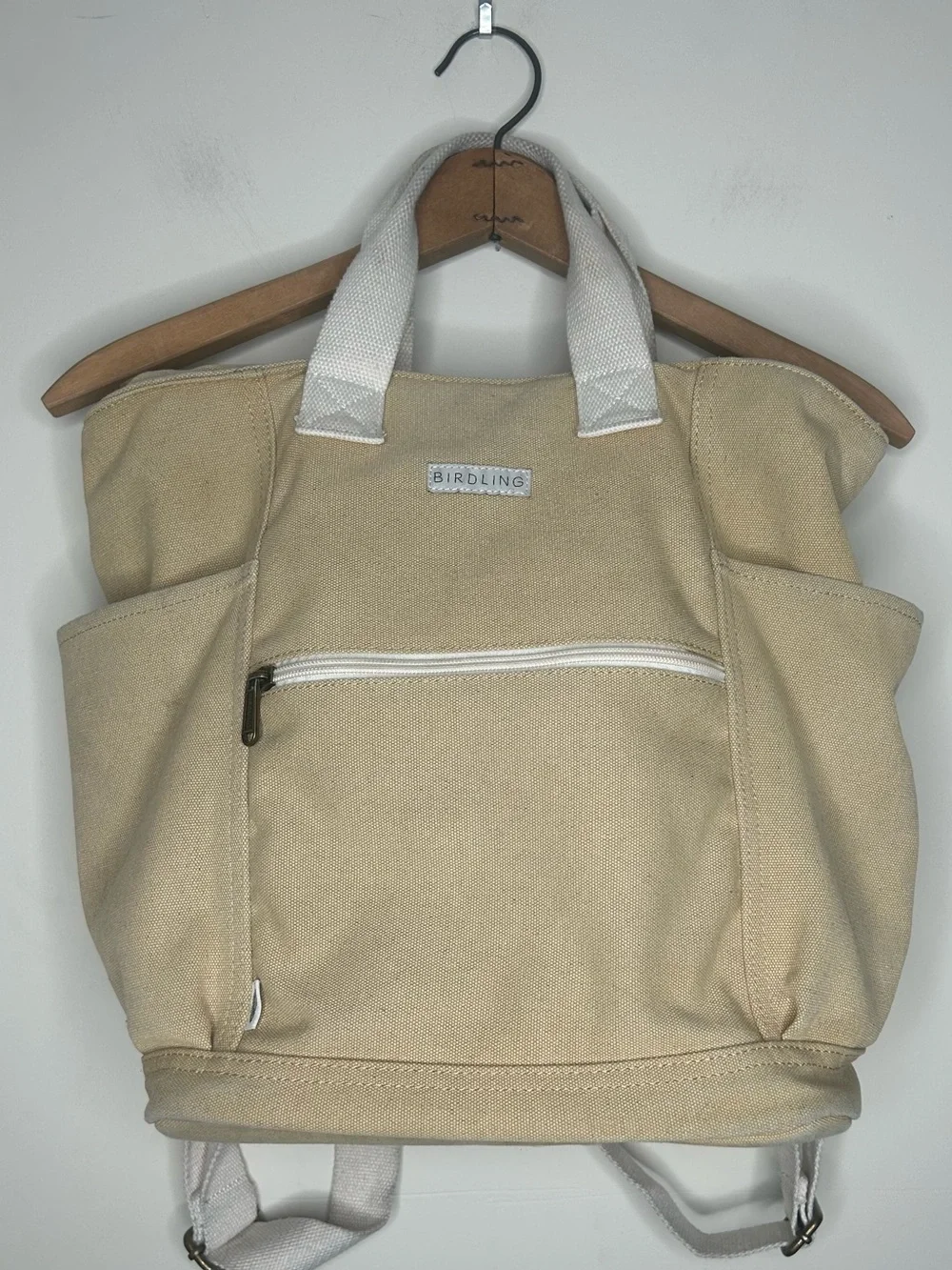 Birdling Tan Cream Laptop Backpack Tote Canvas 15” x 13” Pinstripe Interior - Picture 1 of 8